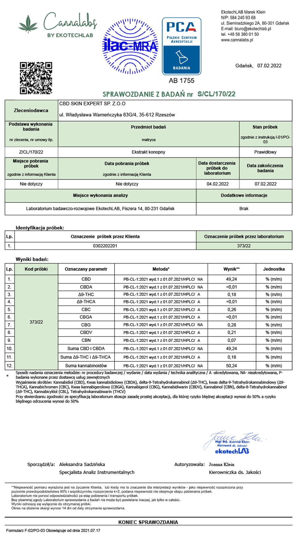 Certyfikat zawartości full spectrum CBD Certyfikat zawartości full spectrum CBD